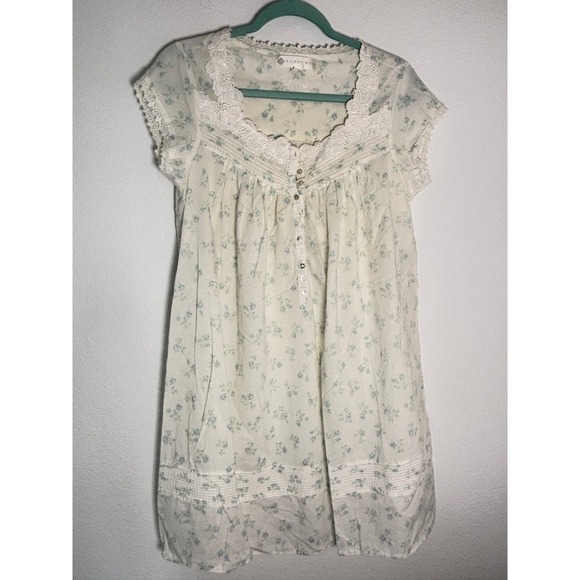 Eileen West Other - Eileen West Blue Floral Lace Nightgown Short Sleeve Cotton Sleep Dress White